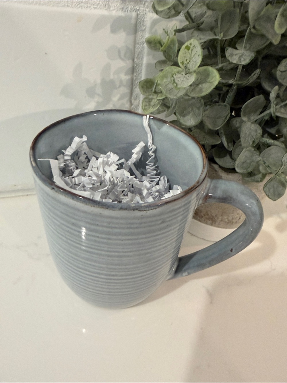 Handcrafted Light Blue Ceramic Mug with Subtle Ribbing - Picture 3 of 3